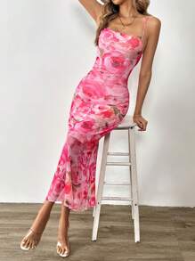 SHEIN Tall Mùa Xuân In hoa Hai Dây Dài Mùa hè Váy bodycon - Màu Hồng Tươi - Xem 4