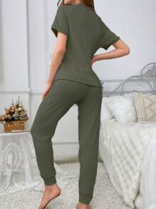 Women's Spring/Summer Short Sleeve Bear Embroidery Top And Long Pants Loungewear Set Outfit - Army Green - View 2