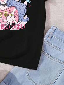 SHEIN Sparklyn Teen Girl Summer Round Neck Short Sleeve Casual T-Shirt With Letter & Cartoon Character Print,Holiday,Travel - Black - View 3