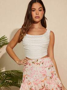 SHEIN Haute Top De Cuello Halter Liso Con Plisados Y Lazo Trasero Para Mujer - Beis - Ver 4