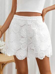 SHEIN Frenchy Women's Lace Shorts  With Pockets  Fashionable White High Waisted Lace Shorts Wedding Women Shorts Summer Pants Summer Bottomshigh Waisted Shorts Women Slacks - White - View 5
