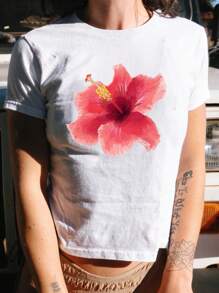 INAWLY Y2k Floral Print Cropped T-Shirt For Summer - White - View 3