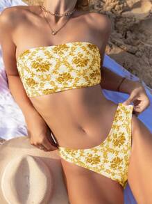 SHEIN Swim 女性時尚夏日風格印花比基尼套裝 - 黃色 - 查看 4