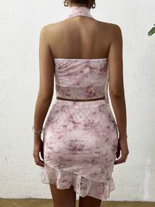 Zolique Sexy Tie Dye Print Halter Top & Asymmetrical Skirt Two Pieces Set For Women, Spring/Summer - Blue - View 2