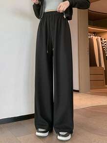 女士休閒時尚束帶直腳褲 - 黑色 - 查看 1