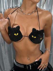 SHEIN ICON 女士黑貓設計鉤花頸後綁毛絨背心胸衣 - 黑色 - 查看 1