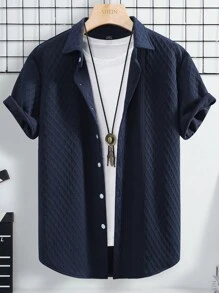 Manfinity Homme Men's Summer Casual Short Sleeve Shirt With Texture - Navy Blue - View 1