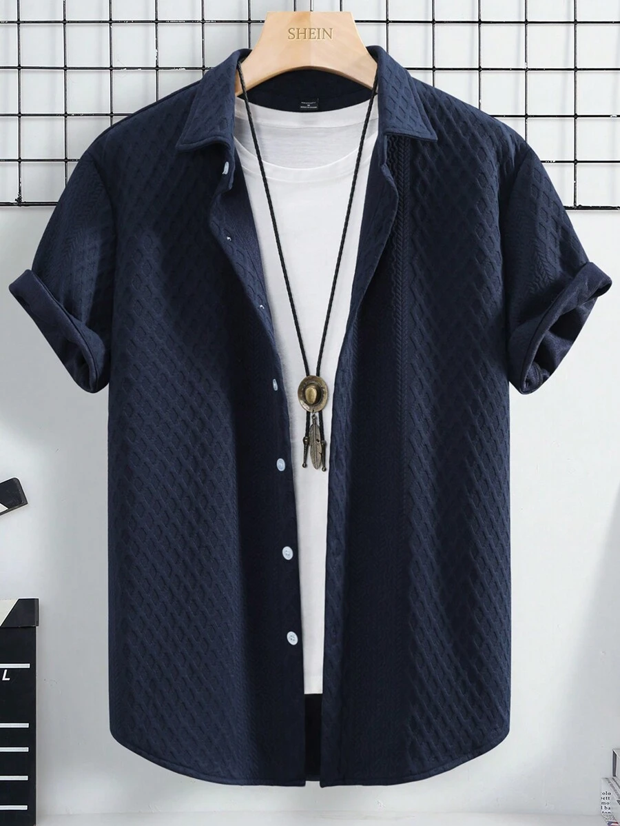 Manfinity Homme Men's Summer Casual Short Sleeve Shirt With Texture - Navy Blue - View 1