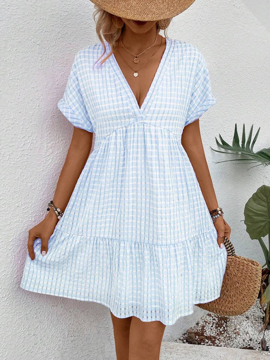 EMERY ROSE Women V-Neck Plaid Vacation Style Short Sleeve Dress