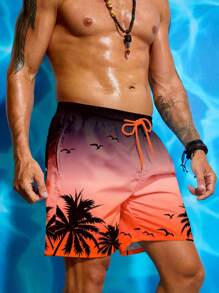 Manfinity Swimmode Men's Palm Tree Print Waist Drawstring Beach Shorts,Hawaiian