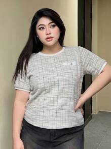 Dazy Petite Plus Plus Size Button Details Plaid Short Sleeve T-Shirt For Summer Casual Style