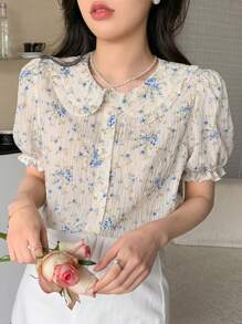 DAZY Peter Pan Collar Floral Bubble Short Sleeve Textured Shirt Summer