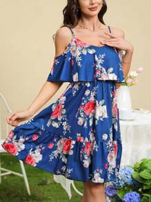 SHEIN Clasi Vestido de chifón floral con hombros descubiertos - Azul - Ver 3