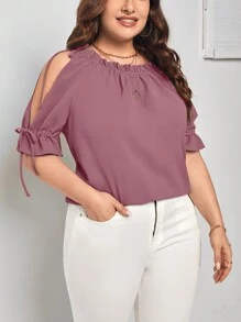 SHEIN Privé Camisa de talla grande de verano, color sólido, de hombros descubiertos y cintura ajustada con cordón - Rosa vieja - Ver 1