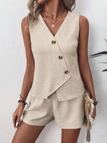 EMERY ROSE Của phụ nữ Màu thuần Nút Trang trí Cổ chữ V Không tay Áo ba lỗ Quần short Bộ - trắng - Xem 5