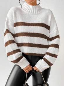 SHEIN Essnce Women's Fall/Winter Striped Drop Shoulder Wide Sleeve Loose Sweater With Stand Collar Knit Pullover