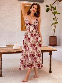 Aveloria Summer Holiday Romantic Large Flower Print Spaghetti Strap Backless Halter Dress - Multicolor - View 4