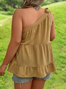 SHEIN Clasi Plus Size Summer Casual One-Shoulder Top With Ruffle Hem For Going Out Peplum One Shoulder Top - Mustard Yellow - View 2