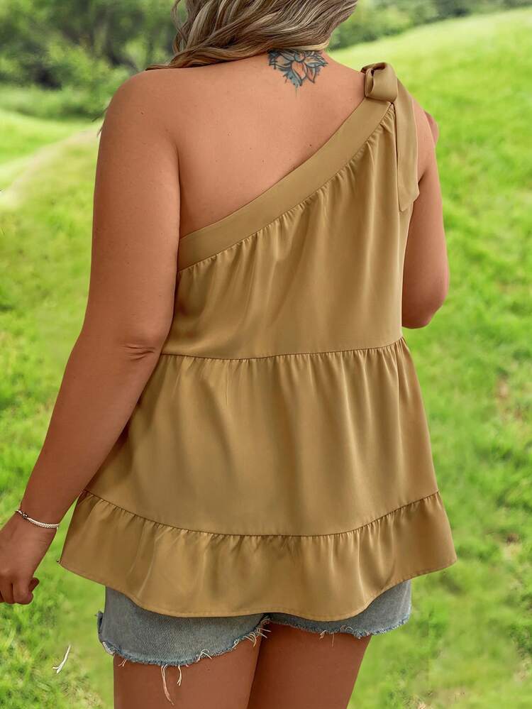 Plus Size Summer Casual One-Shoulder Top With Ruffle Hem For Going Out Peplum One Shoulder Top