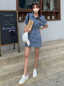 DAZY Summer Casual Button Open Drop Shoulder Denim Top And Denim Skirt - Blue - View 8