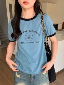 Camiseta De Manga Corta Con Letras Impresas Y Ribete Contrastante - Azul - Ver 7