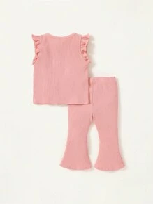 Cozy Pixies Baby Girl's Ruffle Trimmed Patched Top & Flare Pants Set With Round Neckline Matching Set - Pink - View 2