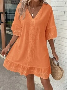 EMERY ROSE 女士白色連衣裙，採用不同款式的蕾絲拼接領口和袖口，底擺有褶邊裝飾 - 橘色 - 查看 1