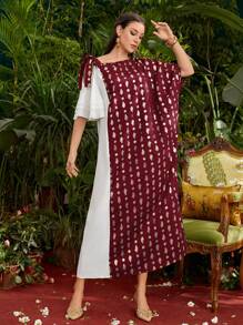 Divindia Burgundy Red Women's Full Printed Asymmetrical Neckline Style Dress
