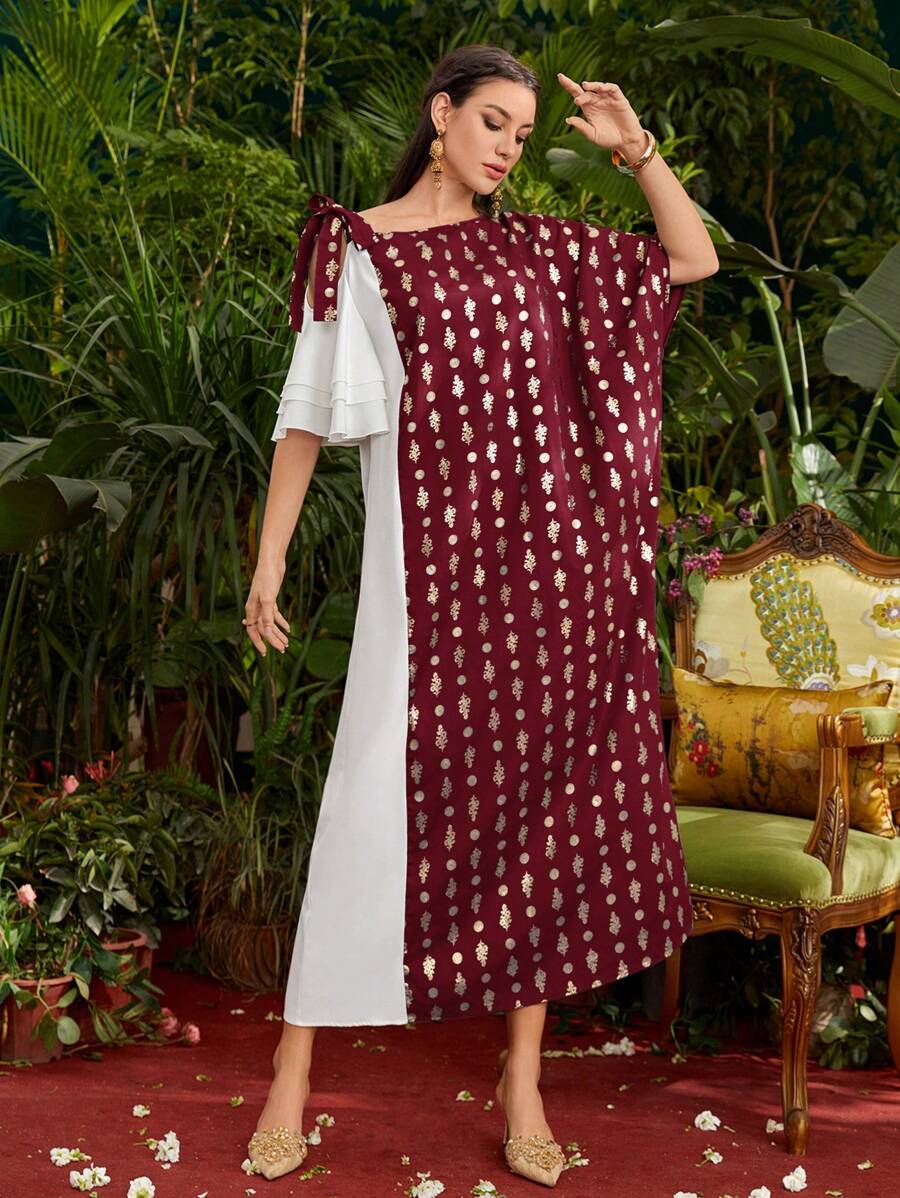 Divindia Burgundy Red Women's Full Printed Asymmetrical Neckline Style Dress