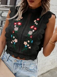 SHEIN VCAY Camicetta Moda Collezione Estate Da Donna Con Pizzo, Ricamo E Patchwork, Ideale Per Viaggi Di Vacanza - nero - Visualizzare 5
