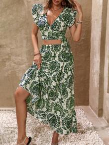 SHEIN VCAY Summer Holiday Leisure Halter Neck Top And Skirt Set Adorned With Ruffle Trim And Print - Green - View 4
