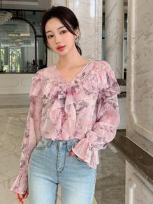 DAZY Của phụ nữ Cổ chữ V Viền Ruffle Đúng mốt Mùa xuân/Mùa hè In Áo sơ mi - Hồng - Xem 6