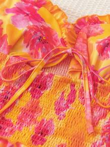 Soleia Wywh Women's Vacation Romantic Countryside Style 3 Tiered Ruffle Trimmed Sundress With Orange-Red Floral Watercolor Print And Cupped Design,Summer Dresses For Women