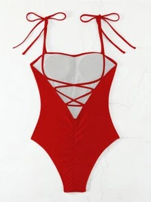 SHEIN Swim 1pc Women's Solid Color Backless Camisole Monokini Swimsuit Summer