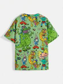 Nick 90s | SHEIN Conjunto de 2 piezas de camisa abotonada informal y pantalones cortos con diseño de dinosaurio monstruo divertido en verde para niño preadolescente - Verde - Ver 8