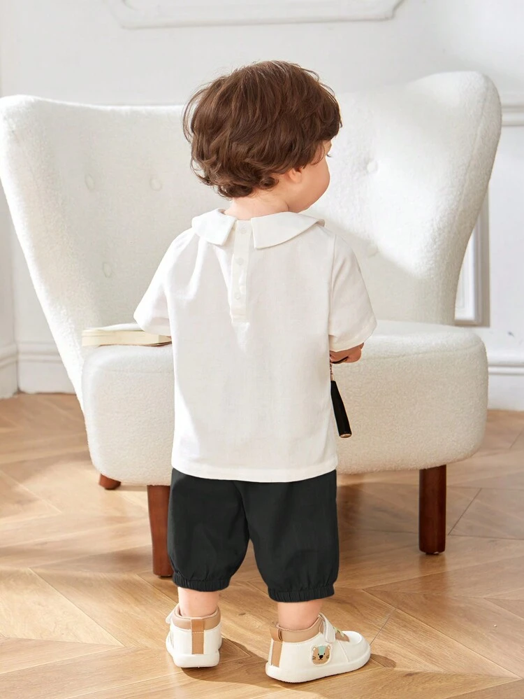 Baby Boys' Peter Pan Collar Decor Buttoned Top And Solid Color Shorts 2pcs Set Suitable For Summer
