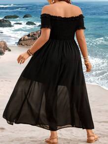 Sunnyshic Große Größen Off-Shoulder Maxikleid mit hohem Schlitz im Sommerbohostil mit offenem Rückenausschnitt für den Urlaub, Strandoutfits für Frauen