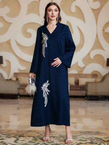 Al Najma Vestido de manga larga con bordado árabe para mujer, para vacaciones de verano - azul real - Ver 4