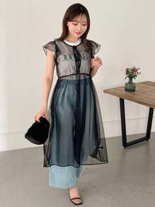 FRIFUL Designer 女士甜美设计感长袖透明网眼连衣裙太阳裙，休闲女装 - 黑色 - 查看 3