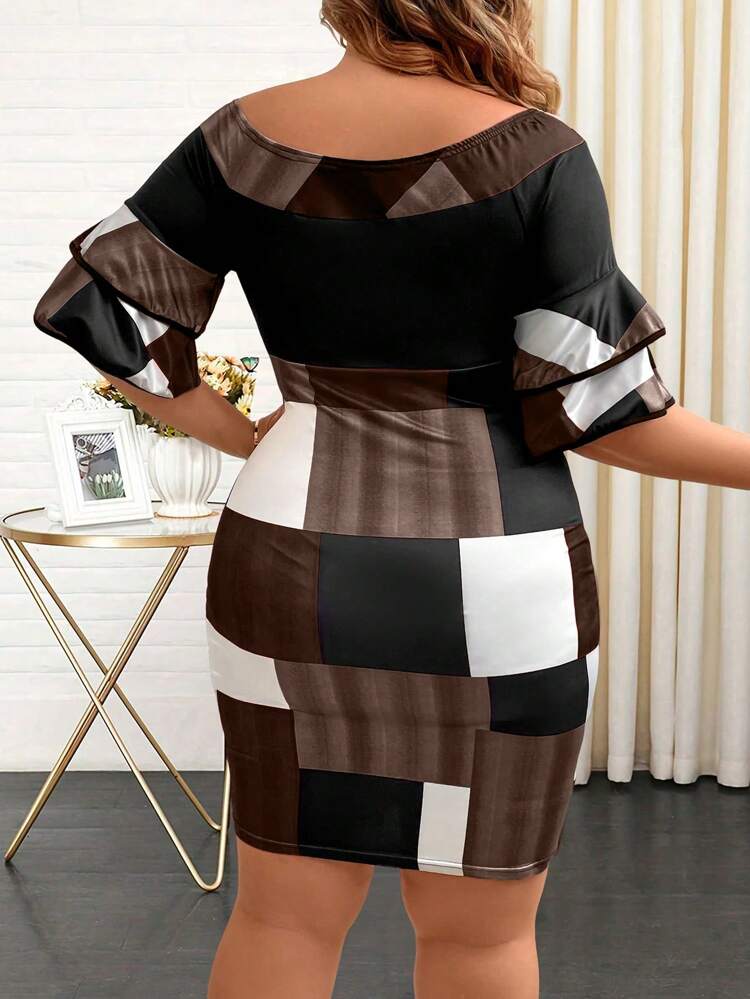 Plus Size Geometric Print Off Shoulder Flare Sleeve Dress