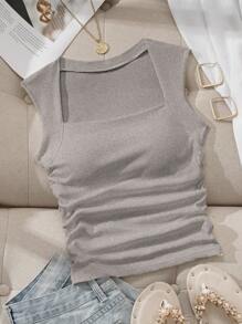 SHEIN EZwear Áo ba lỗ ống lót dệt kim gân màu trơn dành cho nữ, áo ngực ba lỗ cơ bản ôm vừa vặn vào mùa xuân và mùa hè, áo ngực tích hợp - Màu Xám nhạt - Xem 1