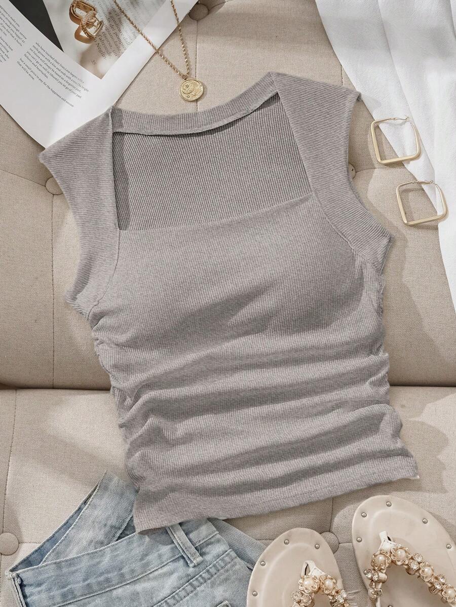 SHEIN EZwear Áo ba lỗ ống lót dệt kim gân màu trơn dành cho nữ, áo ngực ba lỗ cơ bản ôm vừa vặn vào mùa xuân và mùa hè, áo ngực tích hợp - Màu Xám nhạt - Xem 1