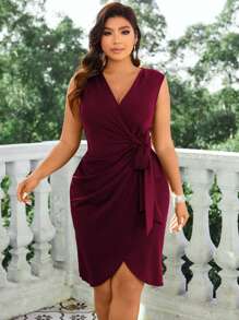 Cravure Burgundy Red Plus Size Solid Color Pleated Wrap Dress With Knot Detail Wedding