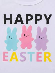 SHEIN 少女復活節服裝夏季新款可愛卡通兔印花短袖t卹+喇叭褲+髮箍套裝 - 黃色 - 查看 6