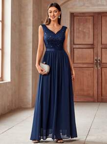 MIUSOL Elegant Navy Blue V-Neck Sleeveless Sequin Insert Floral Lace Chiffon Maxi A-Line Dress, Pleated Flowy Formal Gown For Evening Party, Wedding Guest, Prom - 藏蓝色 - 查看 4