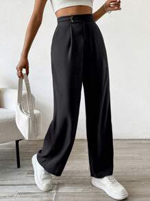 Flirla Ladies" Solid Color Simple Daily Office Suit Pants - Black - View 1