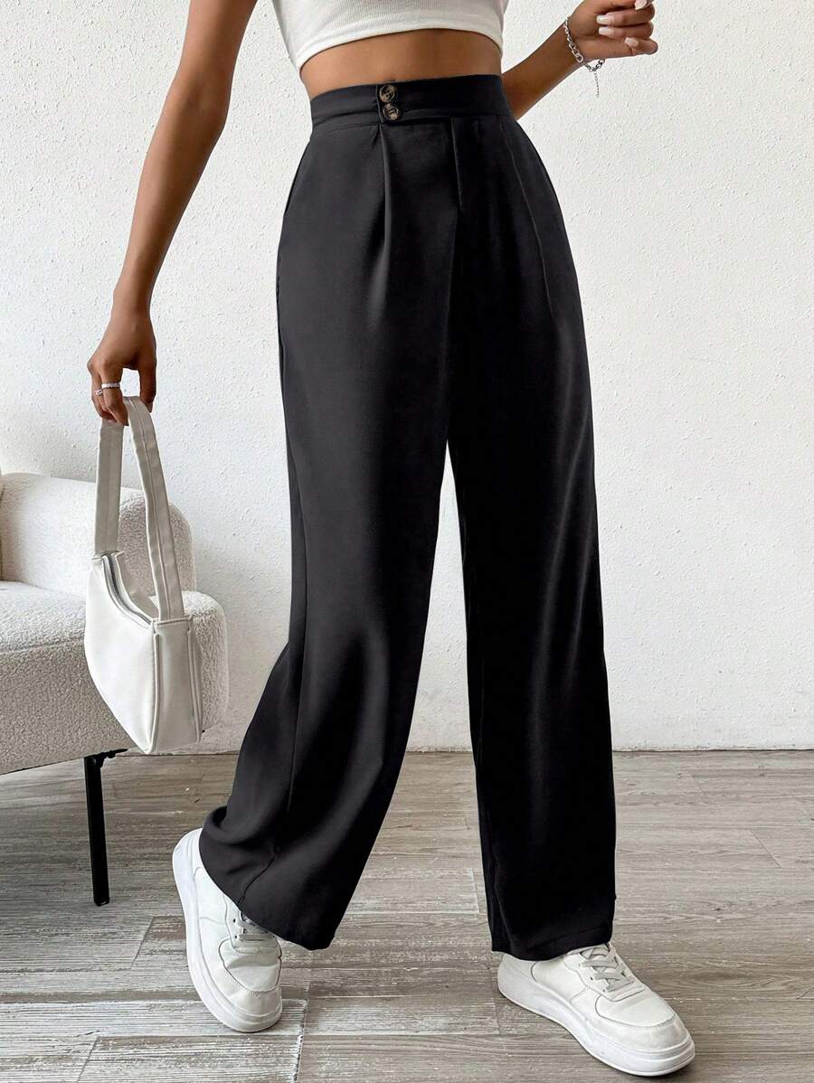 Flirla Ladies" Solid Color Simple Daily Office Suit Pants - Black - View 1