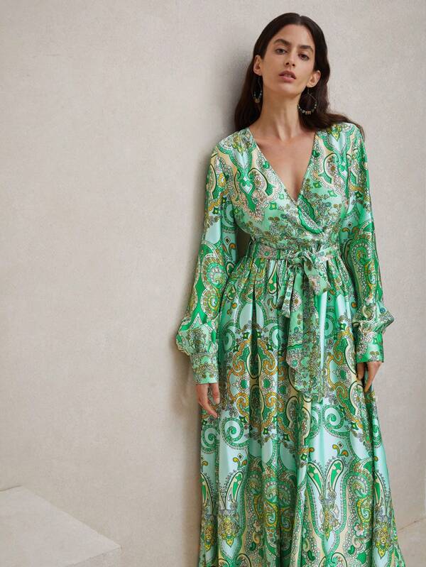 Anewsta Rochie Verde din Satin Stil Palat Imprimat Floral Pentru Femei