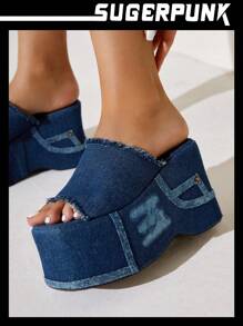 Sugerpunk 時尚藍色坡跟涼鞋適用於女士流蘇邊帆布涼鞋 - 藍色 - 查看 9