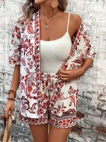 SHEIN LUNE 夏季女性藍白瓷印花和服風襯衫和短褲休閒海灘度假兩件套組 - 紅白色 - 查看 3